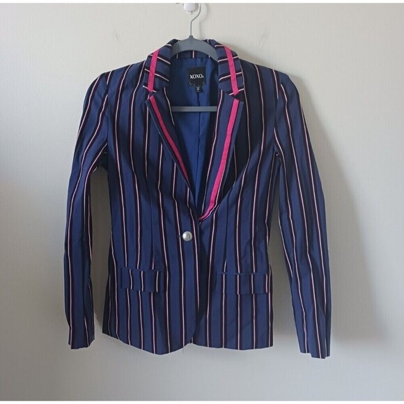 XOXO Blazer Jacket Lined Long Sleeve Button Front Collared Navy Pink S - Picture 1 of 7